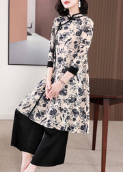 Chinese Style Black Print Wrinkled Long Dress Two Pieces Set Summer