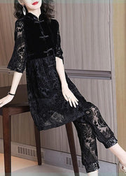 Chinese Style Black Stand Collar Asymmetrical Lace Dress And Crop Pants Two Piece Set Fall