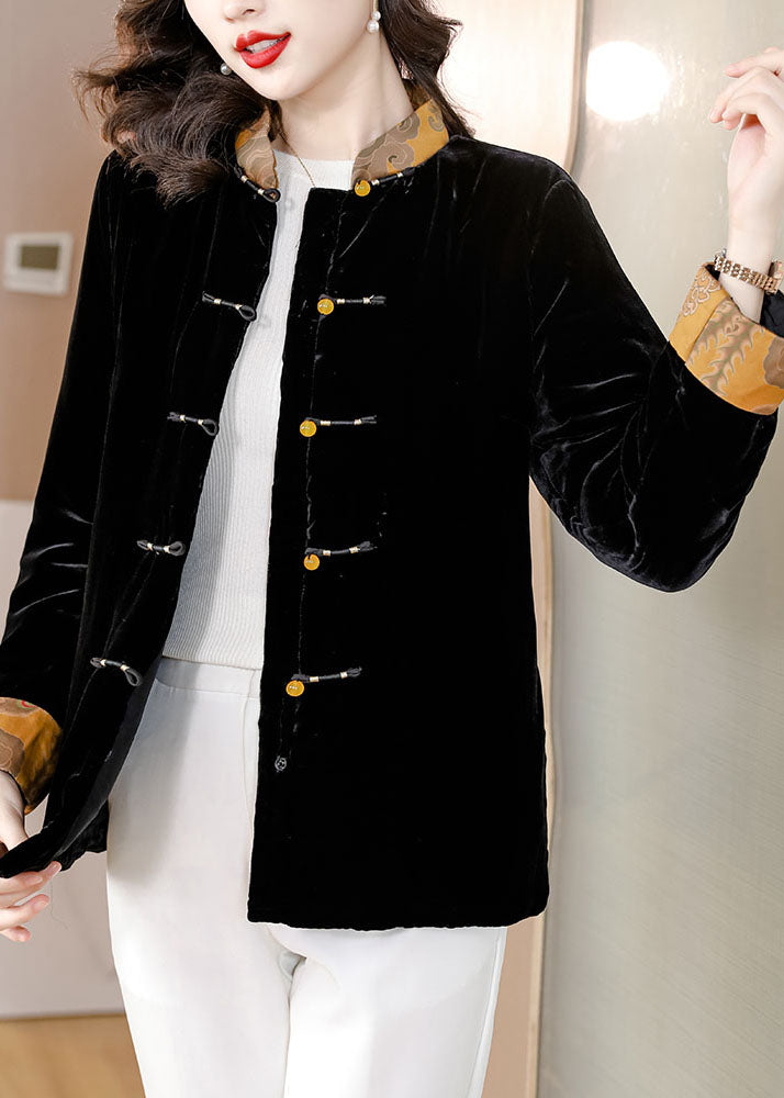 Chinese Style Black Stand Collar Button Silk Velour Parka Coats Winter