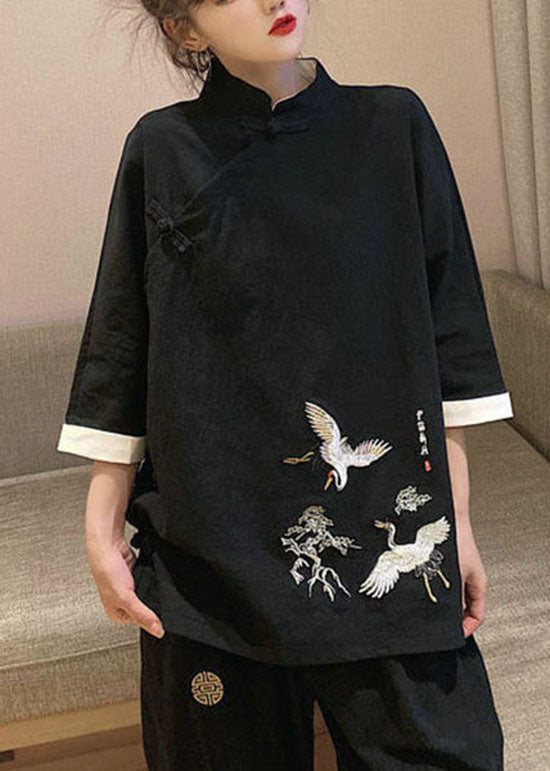 Chinese Style Black Stand Collar Embroidered Linen tops Three Quarter sleeve