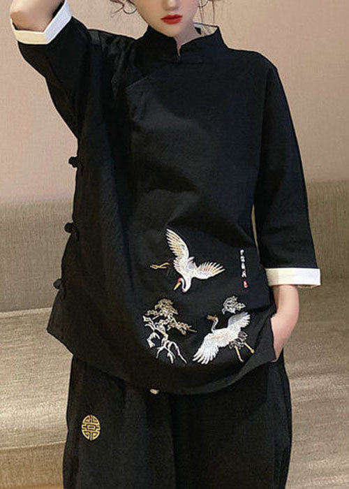 Chinese Style Black Stand Collar Embroidered Linen tops Three Quarter sleeve
