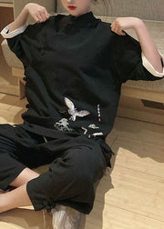 Schwarzer Stehkragen im chinesischen Stil, bestickte Leinenoberteile, Dreiviertelärmel