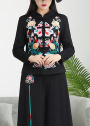 Chinese Style Black Stand Collar Embroidered Patchwork Cotton Top Fall