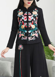 Chinese Style Black Stand Collar Embroidered Patchwork Cotton Top Fall