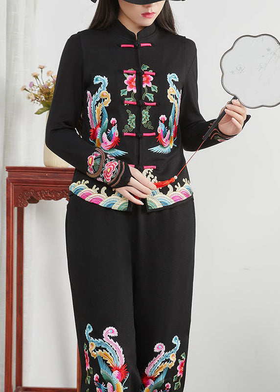 Chinese Style Black Stand Collar Embroidered Patchwork Cotton Waistcoat Sleeveless