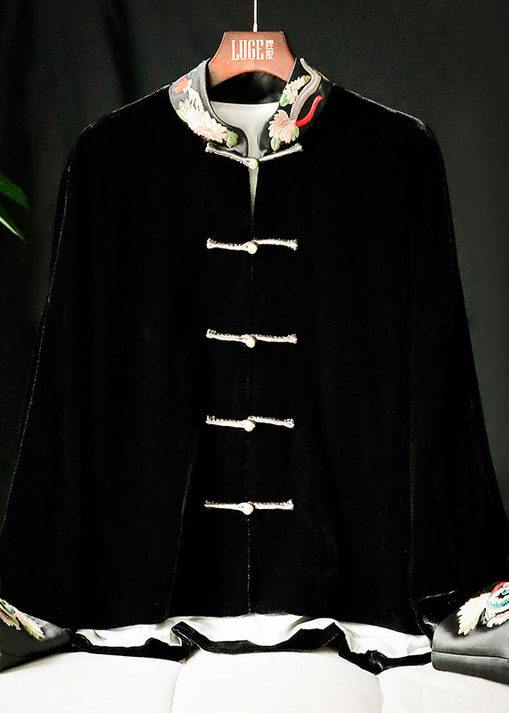 Chinese Style Black Stand Collar Embroidered Patchwork Velour Coats Long Sleeve