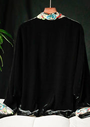 Schwarzer Stehkragen im chinesischen Stil mit bestickten Patchwork-Veloursmänteln mit langen Ärmeln