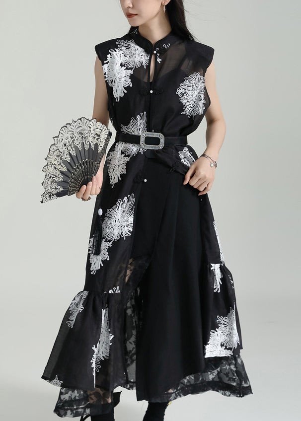 Chinese Style Black Stand Collar Embroidered Tulle Dresses Sleeveless