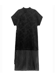 Chinese Style Black Stand Collar Lace Up Patchwork Tulle Dress Summer