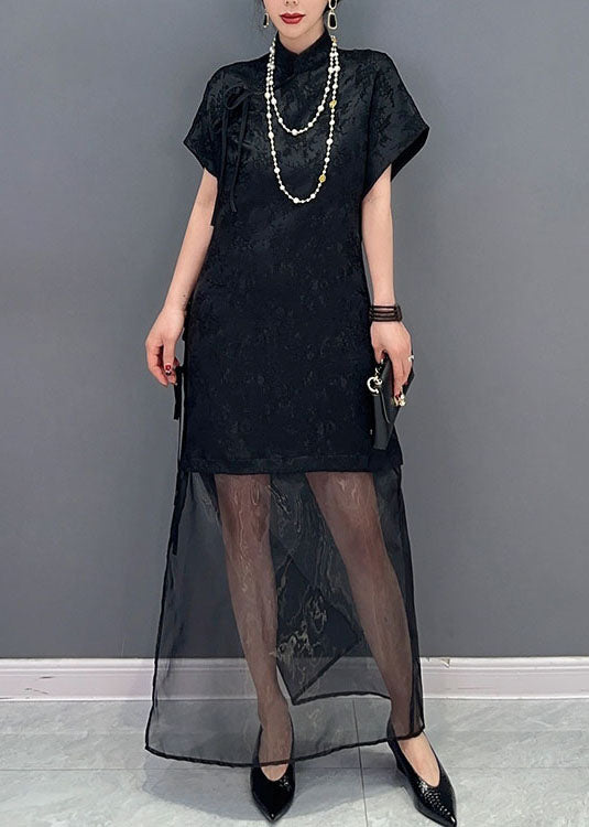 Chinese Style Black Stand Collar Lace Up Patchwork Tulle Dresses Summer