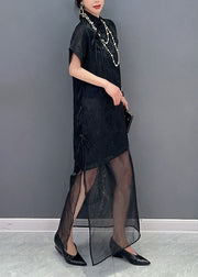 Chinese Style Black Stand Collar Lace Up Patchwork Tulle Dresses Summer