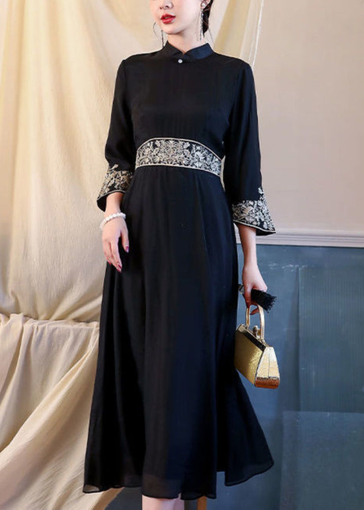 Chinese Style Black Stand Collar Patchwork Chiffon Dress Bracelet Sleeve