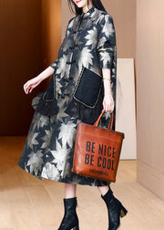 Chinese Style Black Stand Collar Pockets Print Silk Trench Fall