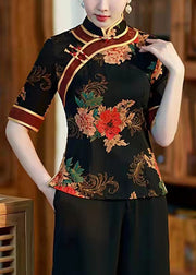 Chinese Style Black Stand Collar Print Button Cotton Top Summer