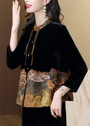 Chinese Style Black Stand Collar Print Patchwork Silk Velour Jackets Spring