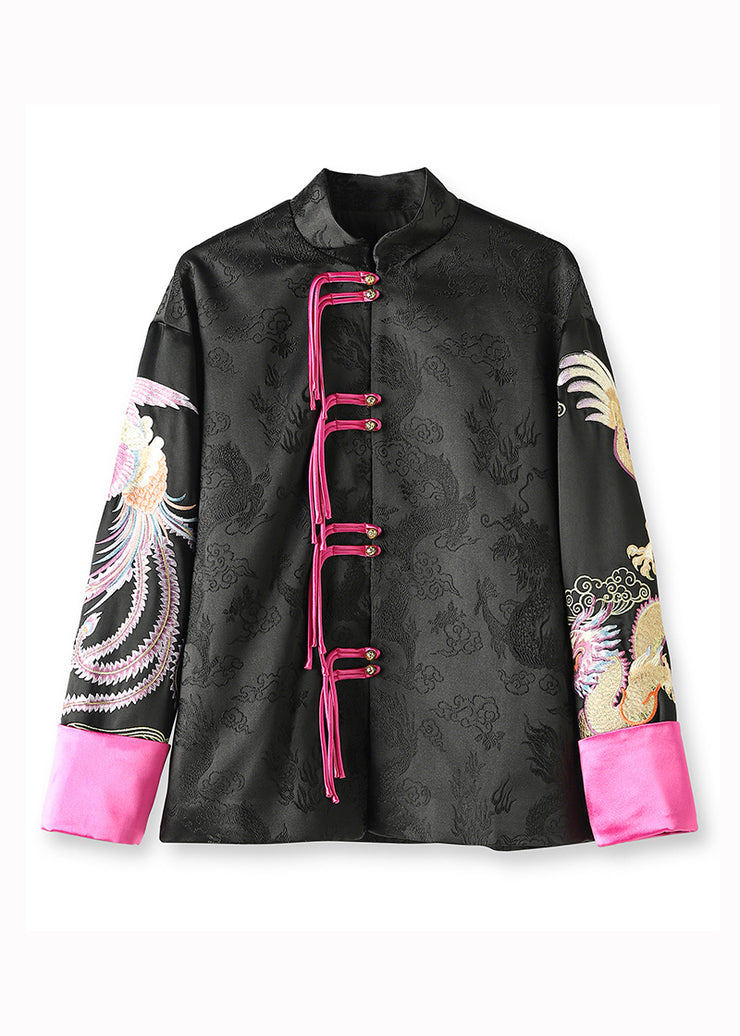 Chinese Style Black Stand Collar Tasseled Embroidered Silk Coat Fall