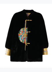 Chinese Style Black Tasseled Embroidered Leather And Fur Coats Spring