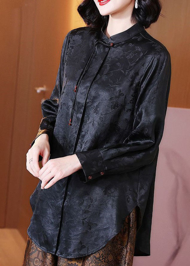 Chinese Style Black Tasseled Jacquard Patchwork Silk Blouses Long Sleeve