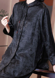 Chinese Style Black Tasseled Jacquard Patchwork Silk Blouses Long Sleeve