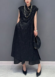 Chinese Style Black Tasseled Jacquard Patchwork Silk Dress Summer