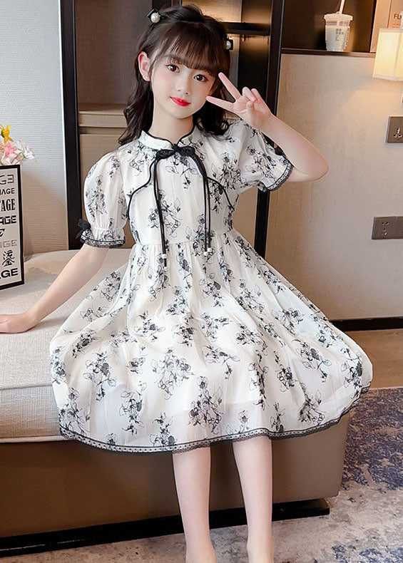 Chinese Style Black Tasseled Print Patchwork Chiffon Baby Girls Dress Summer