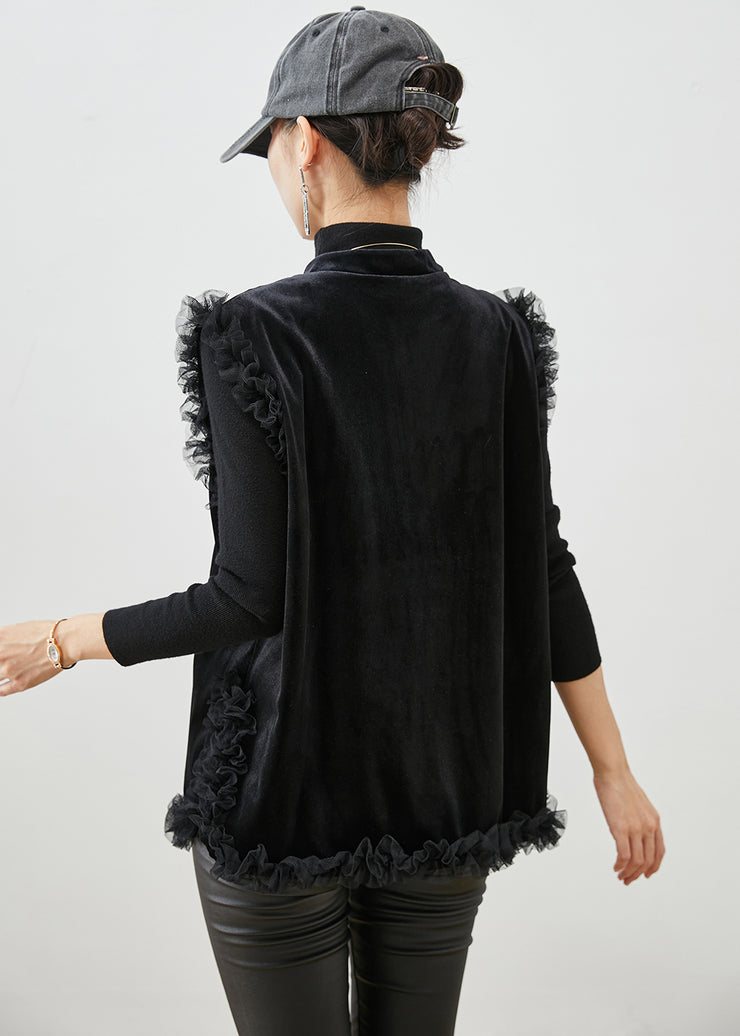 Chinese Style Black Tasseled Ruffled Silk Velour Vest Fall