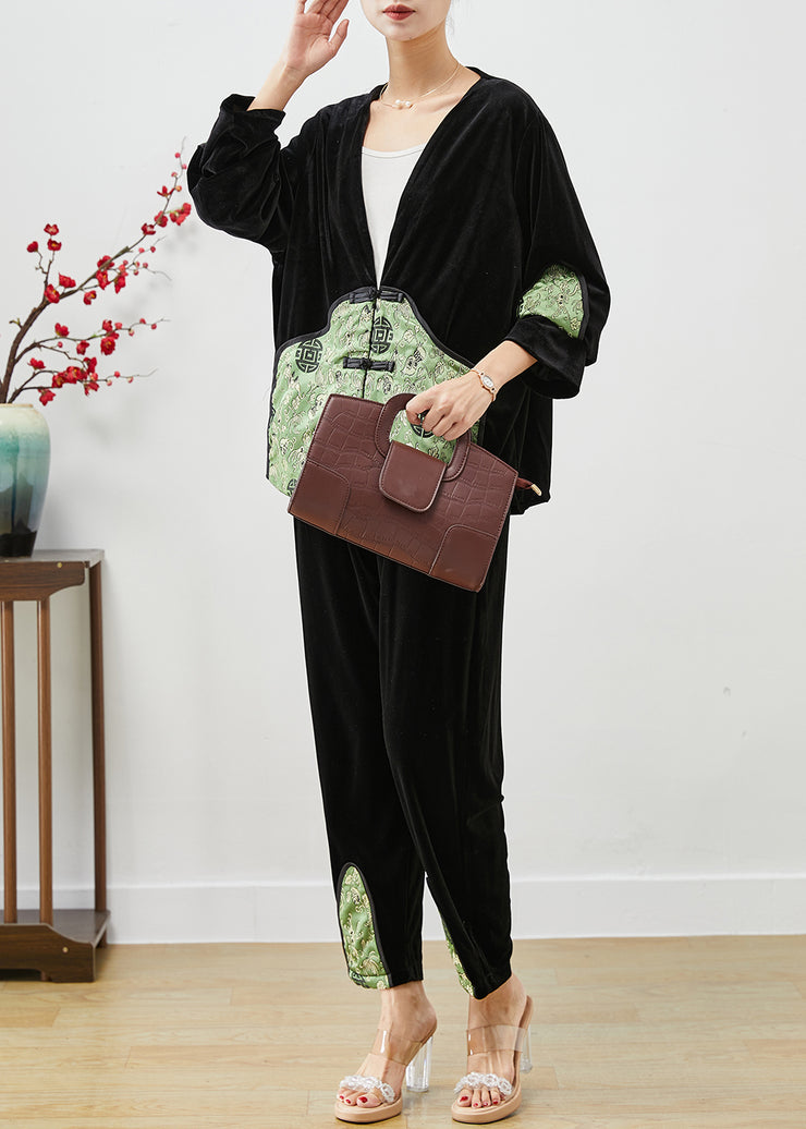 Chinese Style Black Thick Patchwork Warm Silk Velour Two Piece Suit Set Fall