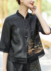 Chinese Style Black button Embroidered Stand Collar Silk coats Half Sleeve