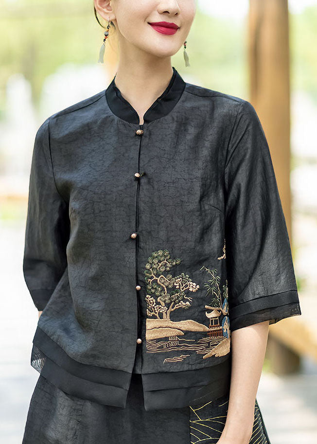 Chinese Style Black button Embroidered Stand Collar Silk coats Half Sleeve