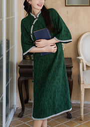 Chinese Style Blackish Green Jacquard Side Open Cotton Dress Half Sleeve