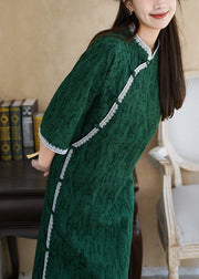 Chinese Style Blackish Green Jacquard Side Open Cotton Dress Half Sleeve