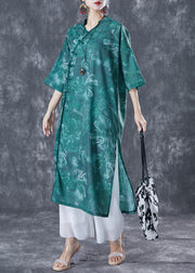 Chinese Style Blackish Green Oversized Print Linen Long Dress Summer