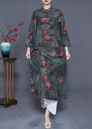 Chinese Style Blackish Green Print Embroidered Silk Dresses Bracelet Sleeve