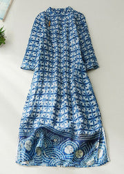 Chinese Style Blue Button Print Pockets Linen Dresses Half Sleeve