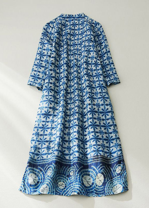 Chinese Style Blue Button Print Pockets Linen Dresses Half Sleeve