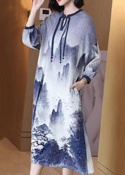 Chinese Style Blue Button Tie Dye Wool Long Dresses Spring