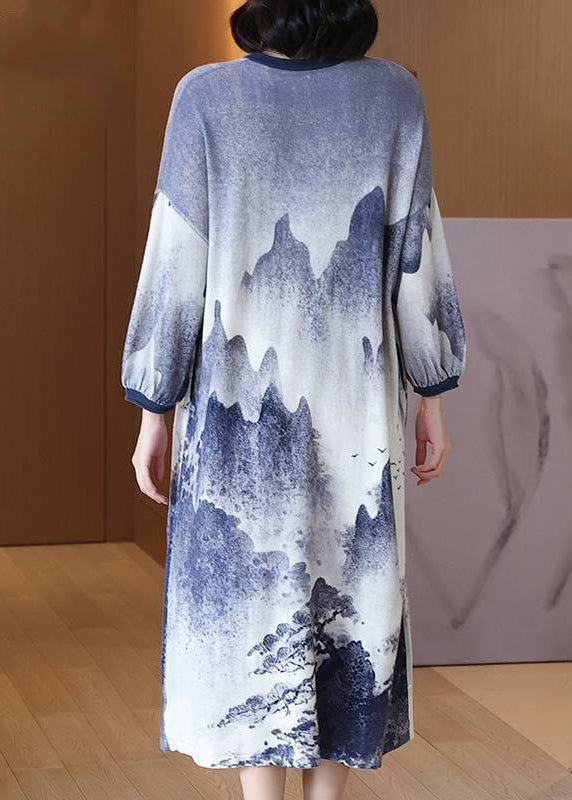 Chinese Style Blue Button Tie Dye Wool Long Dresses Spring