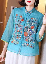 Chinese Style Blue Embroidered Patchwork Chiffon Blouse Tops Summer