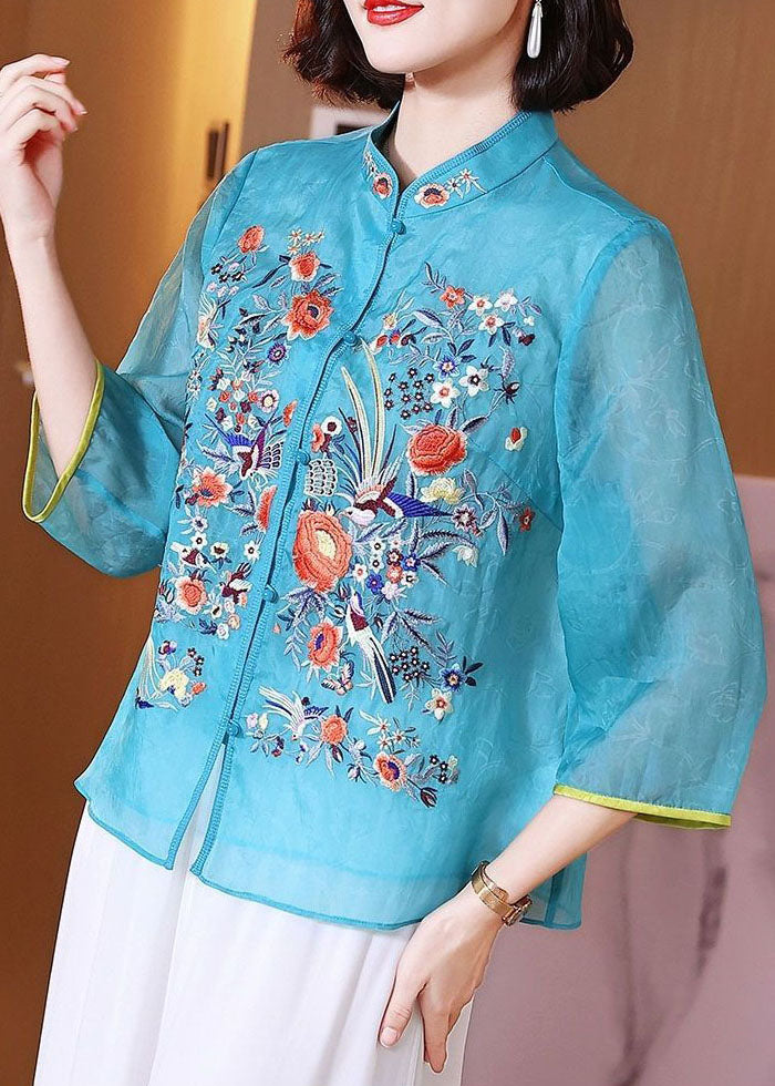 Chinese Style Blue Embroidered Patchwork Chiffon Blouse Tops Summer