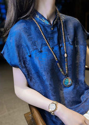 Chinese Style Blue Embroidered Patchwork Jacquard Silk Shirt Summer