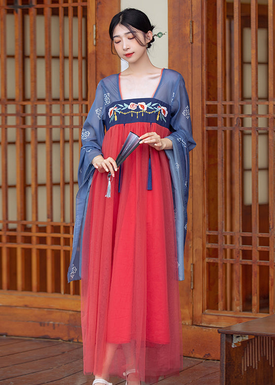 Chinese Style Blue Embroidered Tasseled Patchwork Tulle Long Dresses Summer