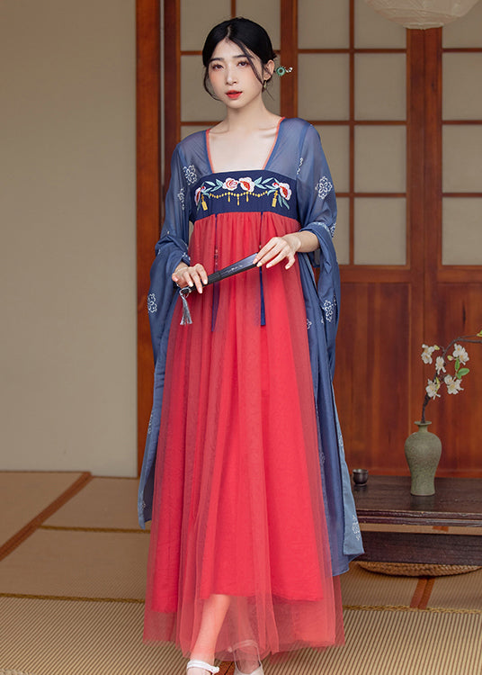 Chinese Style Blue Embroidered Tasseled Patchwork Tulle Long Dresses Summer