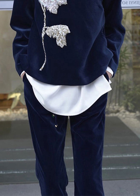 Chinese Style Blue Embroidered Velour Two Piece Set Clothing Fall