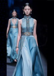 Chinese Style Blue Patchwork Silk Top And Cummerbund Maxi Skirts Sleeveless