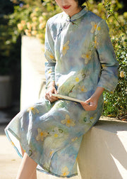 Chinese Style Blue Print Button Patchwork Linen Dresses Fall