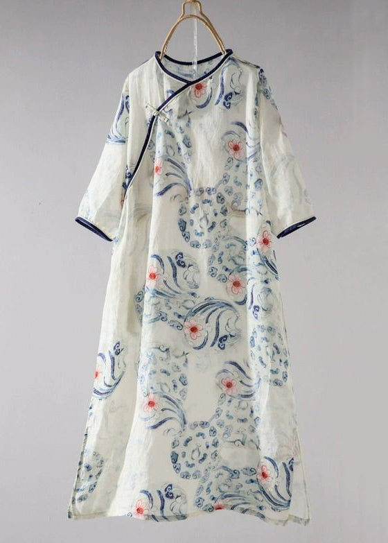 Chinese Style Blue Print Button Side Open Cotton Skirts Summer
