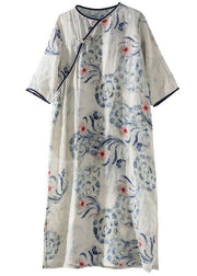 Chinese Style Blue Print Button Side Open Cotton Skirts Summer