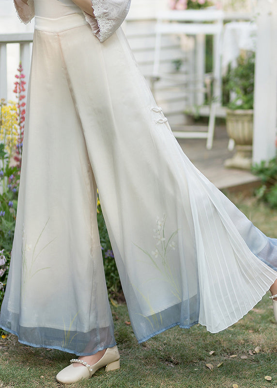Chinese Style Blue Print Elastic Waist Tulle Pants Skirt Summer