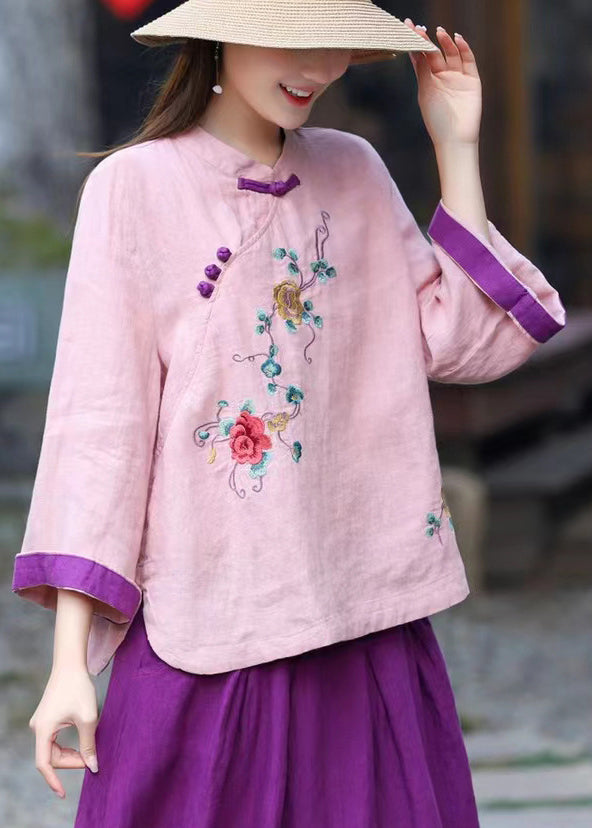 Chinese Style Blue Stand Collar Embroidered Linen Blouse Tops Long Sleeve