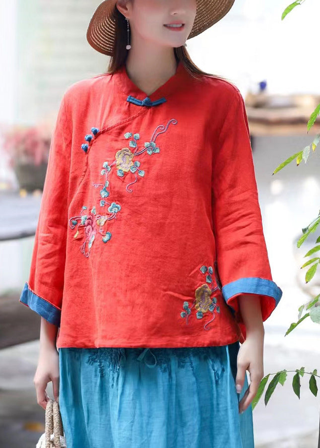 Chinese Style Blue Stand Collar Embroidered Linen Blouse Tops Long Sleeve